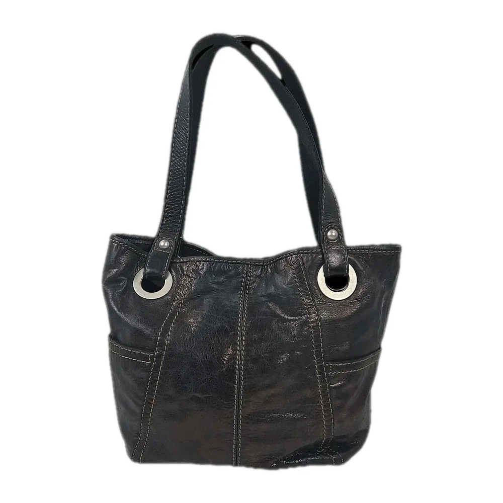 Fossil Hathaway Black Glazed Leather Double Shoulder Strap Satchel Vtg 80s